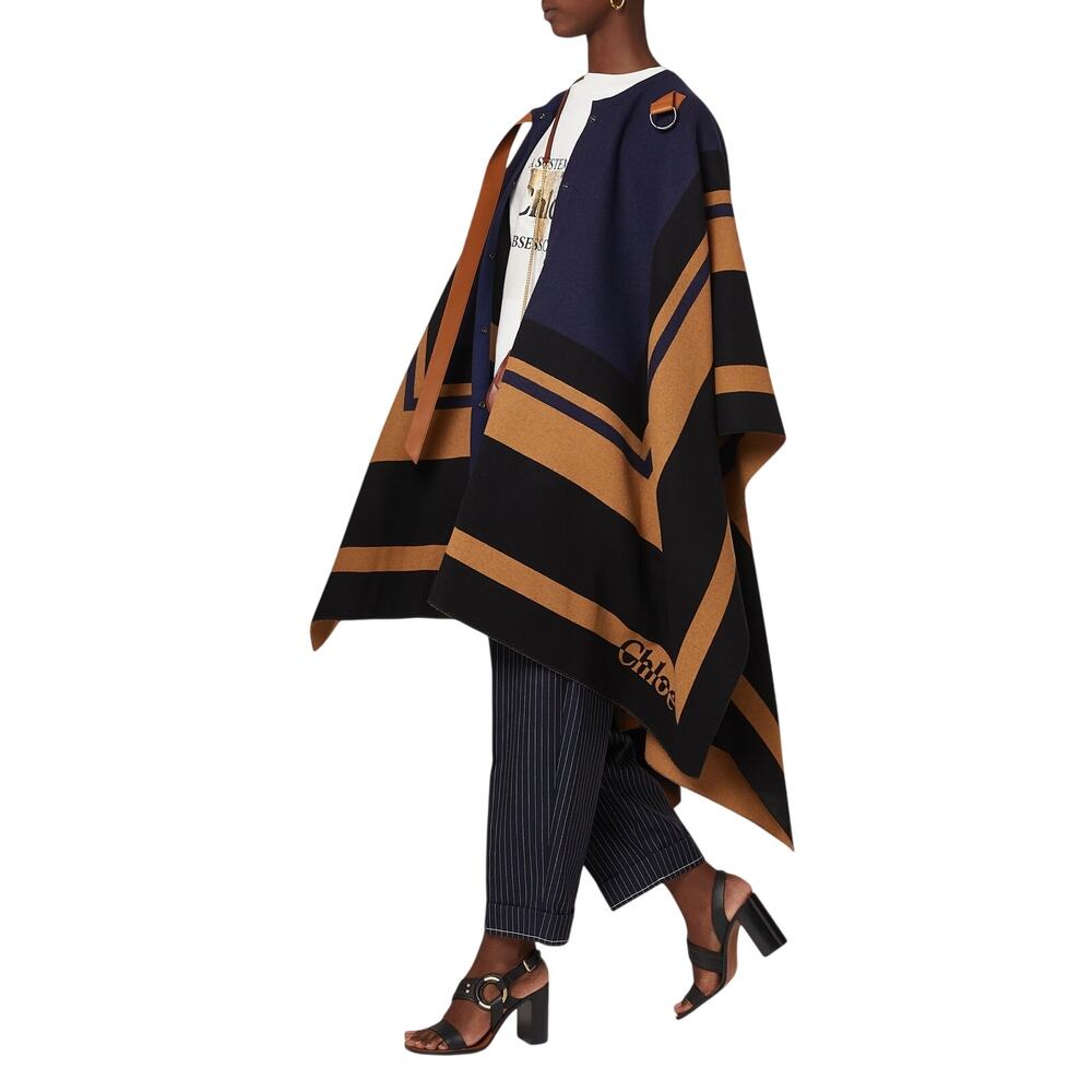 Chloé (One Size) Intarsia Logo Virgin Wool Leather Belt Cape Poncho Navy Camel